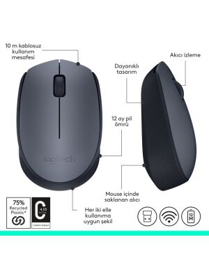 Logitech M170 Kablosuz Mouse 910-004642 Siyah-Gri - 6
